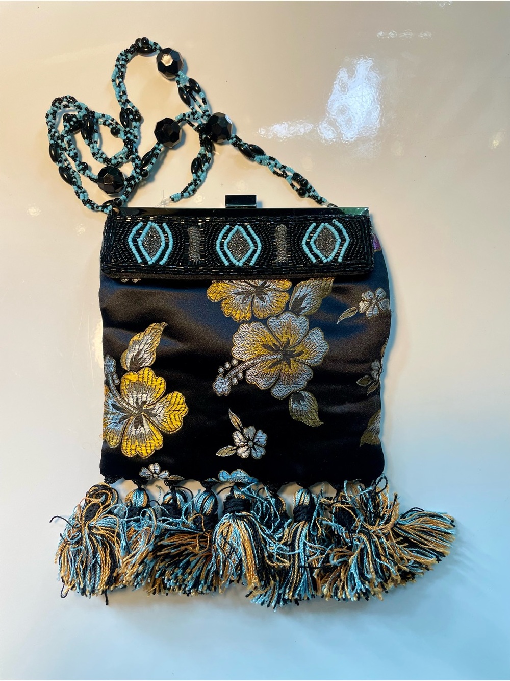 Black Floral Beaded Evening Bag with Blue & Gold Accents